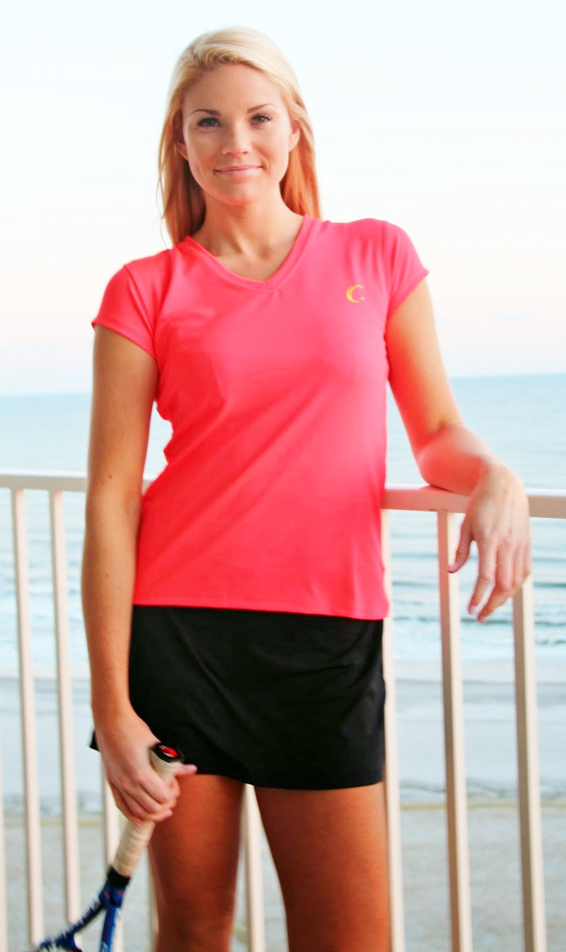 Women’s Athletic Workout Cap Sleeve T-Shirt in Fuchsia Coral